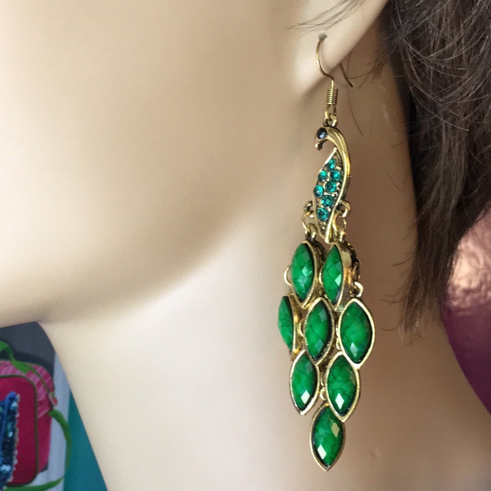 Green Peacock Earrings - Picture 4 of 8